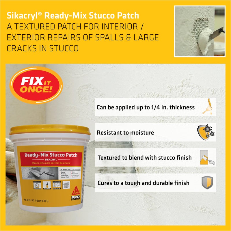 SIKA Sikacryl Stucco Repair, White, 1-Qt, Ready-Mix Stucco Patch for Large Cracks and Spalls, Acrylic-Based, Interior/Exterior, Textured, Moisture-Resistant - Image 3